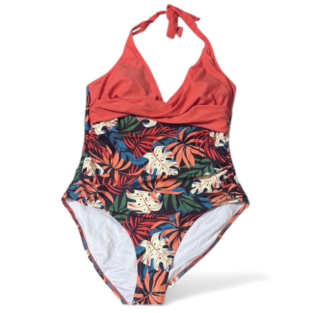 NWOT From Amazon Tropical Wrap Front One Piece Halter Swimsuit Size L